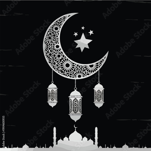 Ornate Crescent Moon with Lanterns and Mosque Silhouette. Islamic Holiday Decoration. Elegant Filigree Pattern. Religious Event Background.