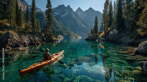  Kayaker exploring Moraine Lake in Banff National Park in the Canadian Rockies, kayaking on the river, kayak on the river, canoe on the lake, kayak on the lake, kayaking on the lake