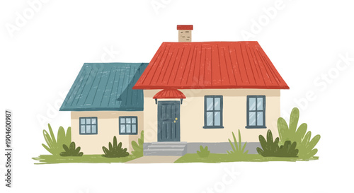 Colorful Cartoon House with Red Roof.