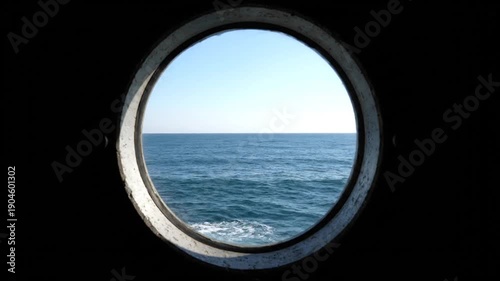 Circular porthole view of calm blue ocean with distant horizon over open water.