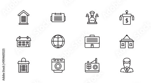 Set of 12 Business & Finance Icons: Calendar, Globe, Briefcase, House, Money