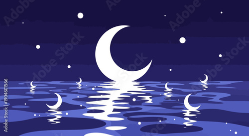 Crescent Moon Reflection on Water Surface.