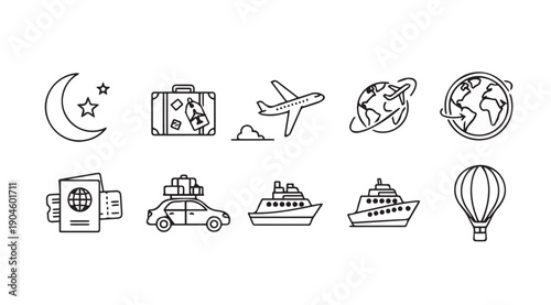 Travel Icons: Airplane, Passport, Suitcase, Car, Cruise Ship, Hot Air Balloon, Globe