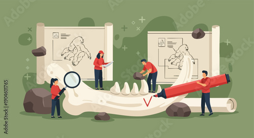 Paleontology research. Human evolution study. Flat vector illustration. Educational concept.
