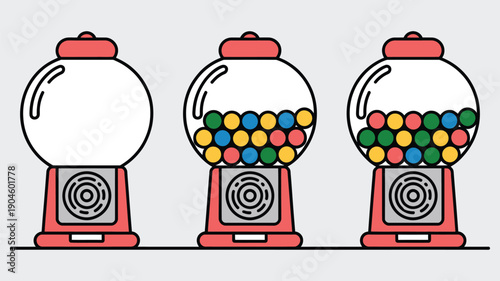 Colorful Gumball Machine Illustration, Three Machines with Different Amounts of Colorful Balls, Fun Candy Children’s Design, Vector Set on White Background.