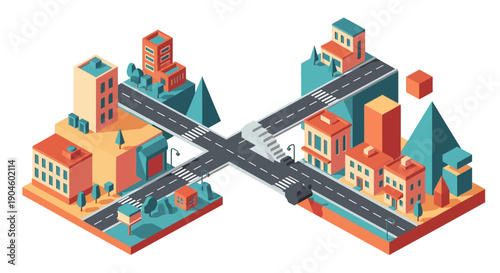 Isometric Cityscape with Buildings and Roads.