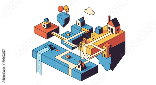Isometric Illustration of a Complex System.
