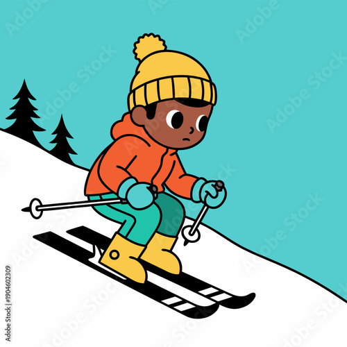 Vibrant cartoon illustration of a young child in colorful winter apparel skiing down a snow-covered mountain slope, enjoying the thrill of outdoor winter sports