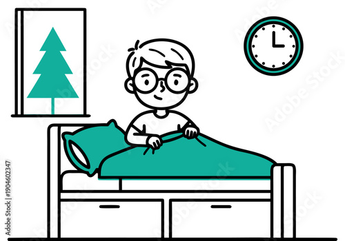 Illustration of a boy with glasses waking up in bed. Morning routine in a bedroom with clock and window, symbolizing a fresh start to the day