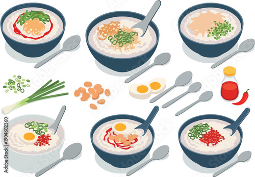 Collection of Delicious and Healthy Breakfast Porridge Bowls with Various Toppings, Illustrated Food Items