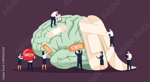 Mental health care concept. Brain healing and stress relief. Teamwork support for psychological well-being.