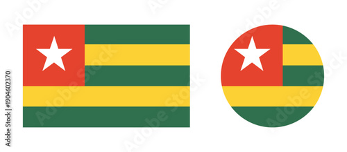 Togo flag round, rectangular button, banner, icons. Flat of Togo circle, rectangle badges set. National circular Togo flag country symbol.