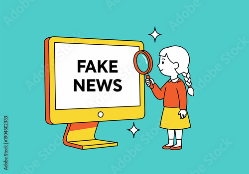 Young Child Investigating Fake News on a Computer Screen with a Magnifying Glass, Highlighting the Importance of Digital Literacy and Critical Thinking in the Modern Era