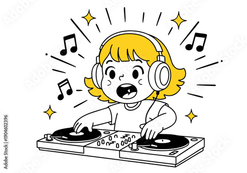 A vibrant cartoon girl DJ, with headphones on, enthusiastically mixes tracks on turntables, creating a fun and energetic party atmosphere