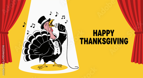Festive animated turkey in a elegant tuxedo performing a joyful Thanksgiving song on a spotlighted stage, celebrating the holiday spirit as a charming vector illustration
