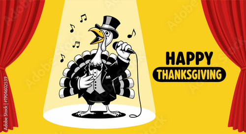 Festive Thanksgiving Celebration with a Stylish Turkey Performer Singing on a Spotlighted Stage, ready for a joyous holiday greeting