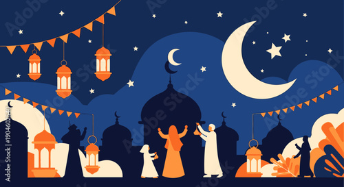 Ramadan Night with Crescent Moon and Lanterns.