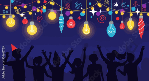 Silhouetted People Celebrating Under Hanging Lights.