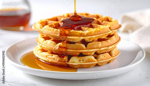 Delicious stack of freshly baked waffles drenched in golden syrup