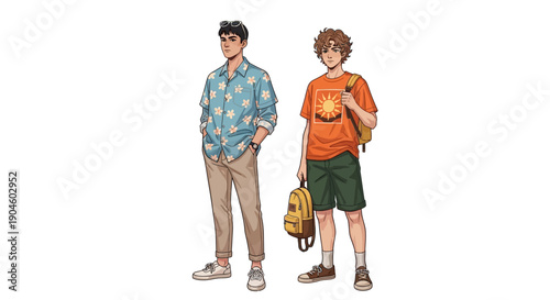 Two Young Men Standing Together Illustration.