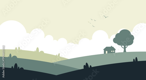 Vector Artistic Tree with House on Hillside.