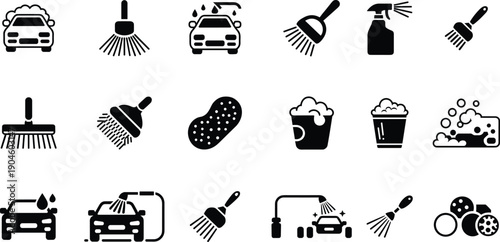 Black car wash icon set featuring sponges, brushes, buckets, mops, squeegees, foam and spray bottles, vehicle cleaning symbols for designers