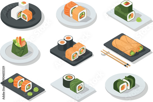 Assortment of delicious sushi rolls and spring rolls displayed on plates, perfect for a Japanese food lover's delight