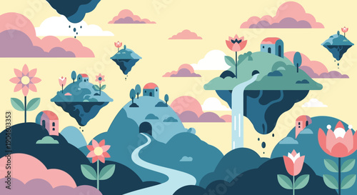Whimsical Floating Islands with Waterfalls and Flowers.
