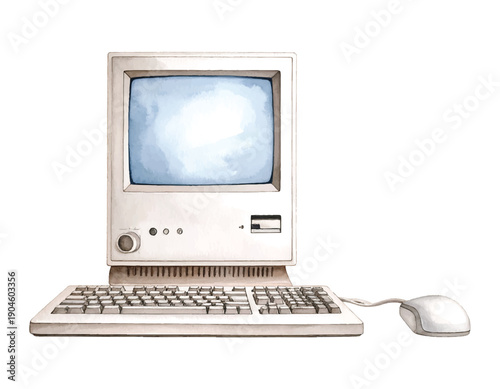 Retro personal computer with CRT monitor keyboard and watercolor illutrastion transparent background