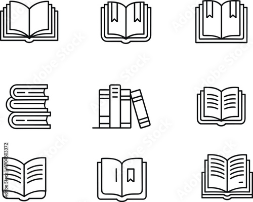 Set of thin line book icons, open and stacked book illustrations, library and reading symbols, minimalist vector designs for UI