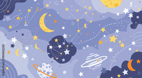 Whimsical Space Scene with Stars and Planets.