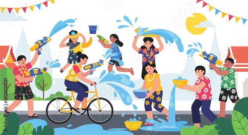 A vibrant illustration depicts a water fight festival with diverse people