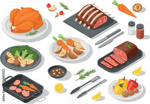 An assortment of delicious dishes and ingredients for a festive meal, including roasted turkey, prime rib, and fresh vegetables, perfect for culinary inspiration