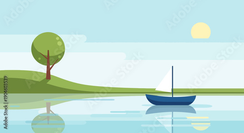 Blue Sailboat on Calm Water Surface.
