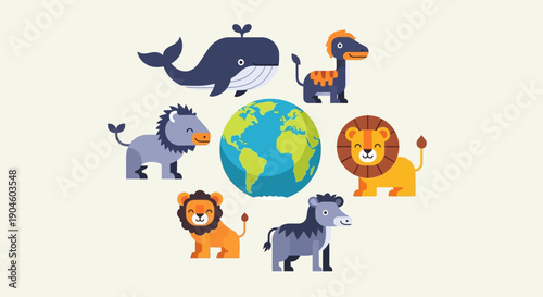 Cartoon Animals Surrounding Globe Illustration.