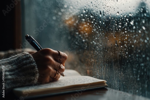 A person writing in a journal by a window, rainy day, hand detail, therapy concept