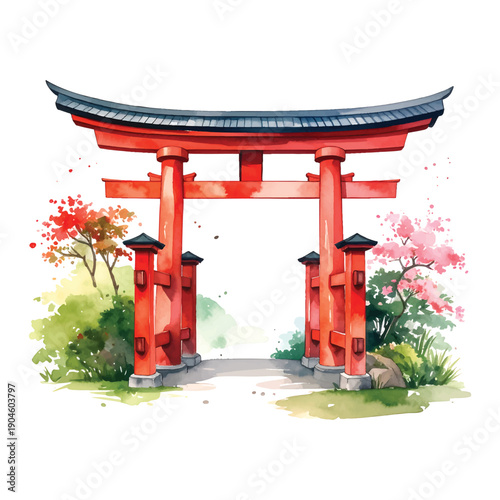 Traditional Japanese Torii gate painted in vibrant red watercolor illutrastion transparent background