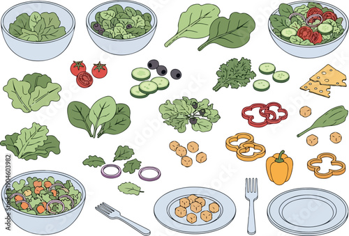 A delightful collection of fresh salad ingredients, including leafy greens, vegetables, and cheese, perfect for healthy eating and culinary inspiration