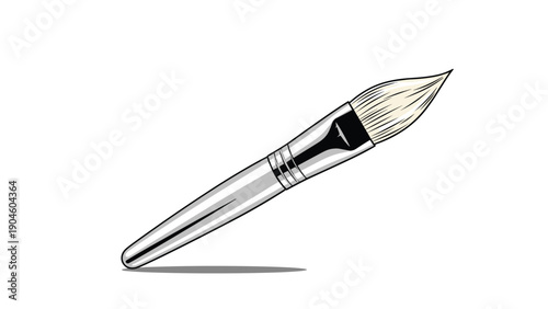 Sleek silver handle makeup or artistic paintbrush with white bristles and black metal ferrule is isolated on a white background.