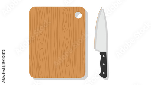 Rectangular wooden cutting board with a modern steel kitchen knife placed alongside for meal preparation on a clean white background.