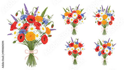 Collection of wildflower bouquets featuring red poppies, white daisies, and blue cornflowers tied with elegant pink ribbons on white.