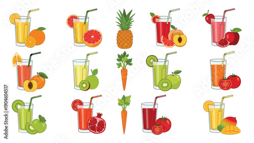 Comprehensive collection of fifteen colorful glasses of fruit and vegetable juices including orange, pomegranate, kiwi, and carrot.