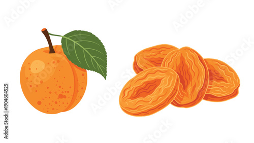 Comparison of fresh whole orange apricot with a green leaf and a pile of sweet dried apricot fruits for healthy snacking.