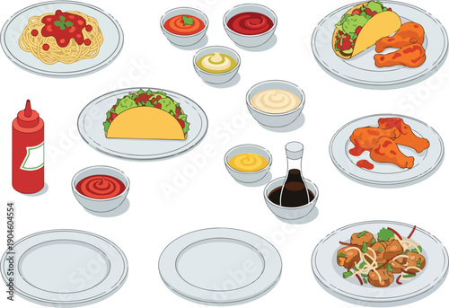 A variety of delicious and flavorful food items presented on plates and in bowls, including tacos, pasta, chicken, and dipping sauces, perfect for any meal