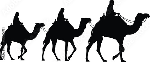 Black silhouette of camel caravan with three desert riders, traditional Middle Eastern travel scene, minimalist vector illustration, nomadic journey concept, isolated on white background