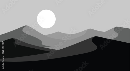 Desert Dunes. Minimalist Landscape. Grayscale Illustration. Smooth Layers. Background Wallpaper.