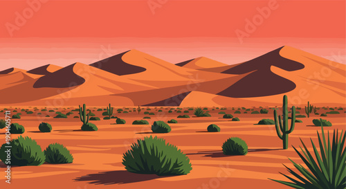 Desert Landscape. Sand Dunes. Cactus Plants. Pixel Art. Scenic View.