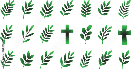 Collection of vibrant green leafy branches and symbolic Christian crosses, perfect for religious celebrations, spring themes, and nature-inspired designs, evoking peace, faith