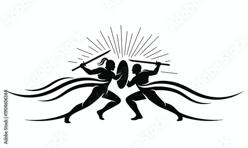 Dynamic warriors engaged in intense sword battle