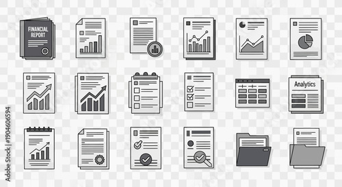 A comprehensive collection of grayscale icons representing various business documents, financial reports, data analysis, and administrative tasks.